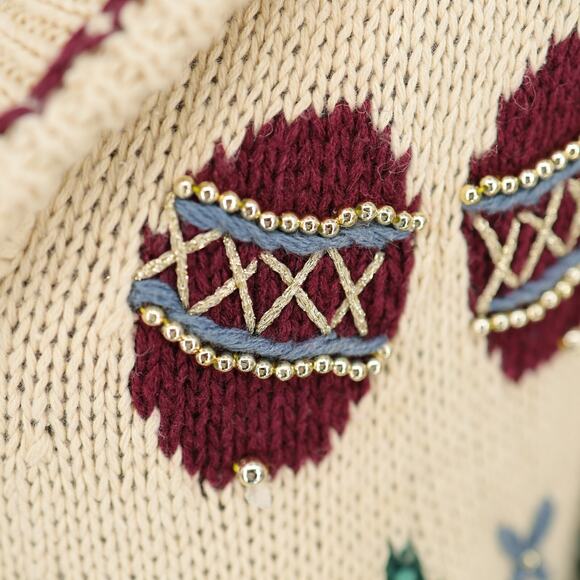 Talbots Sweater Womens Medium Ivory Burgundy Holiday Cardigan Hand Knit Vintage - Picture 12 of 14